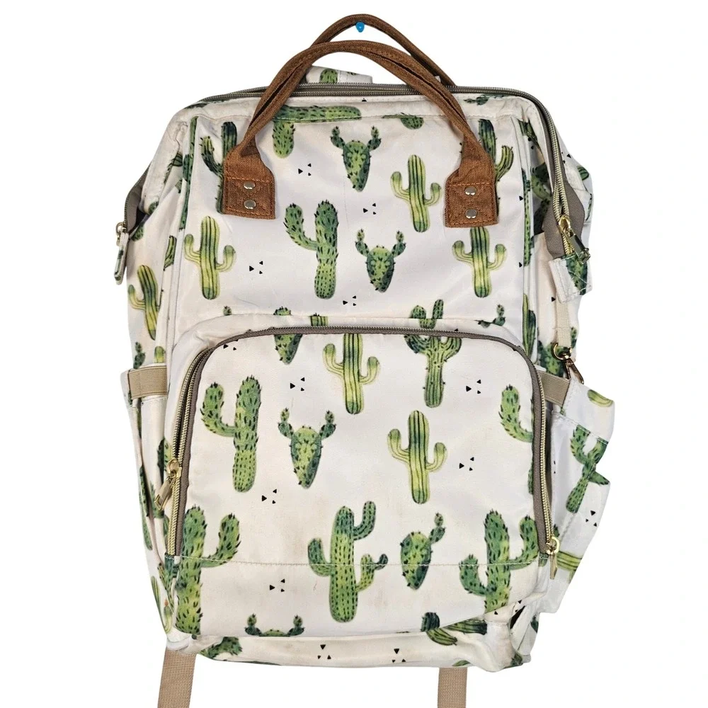Cactus Print Diaper Bag Backpack White Green Desert Succulent Travel Bag